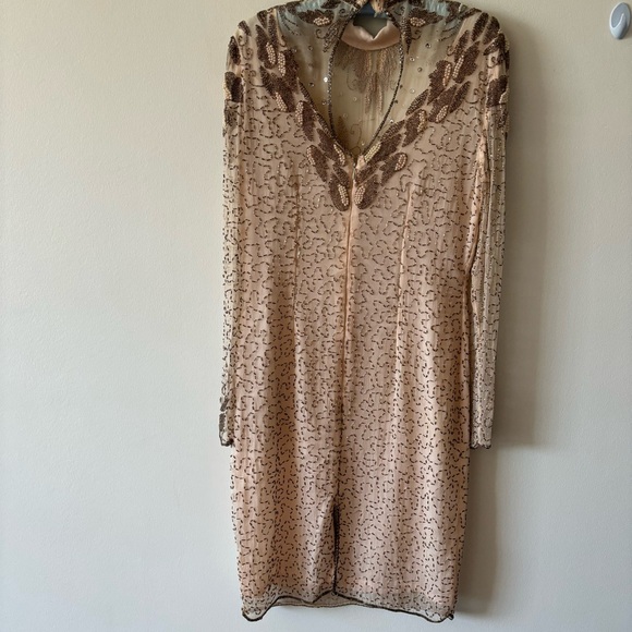 Vintage 70s Beaded Embroidered Sheer Long Sleeve Open Back Cocktail Party Dress - Picture 11 of 17